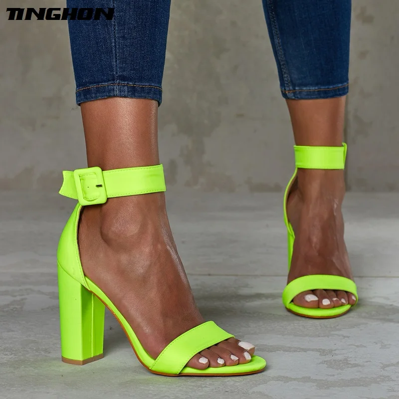 

TINGHON Summer Fluorescent green Peep Toe High Heel Women Sandals Buckle Strap Ankle-wrap Ladies Sandals Casual Shoes size 35-42
