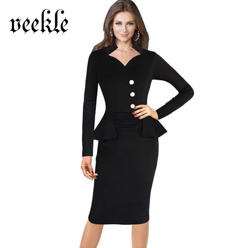 VEEKLE Solid 5 Colors Office Dress Long Sleeve Bodycon Tunic Autumn