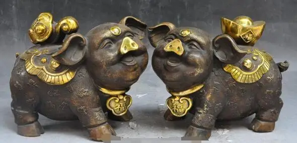 

S00679 8"chinese bronze fengshui Auspicious wealth animal ruyi yuanbao Pig Swine statue (A0321)