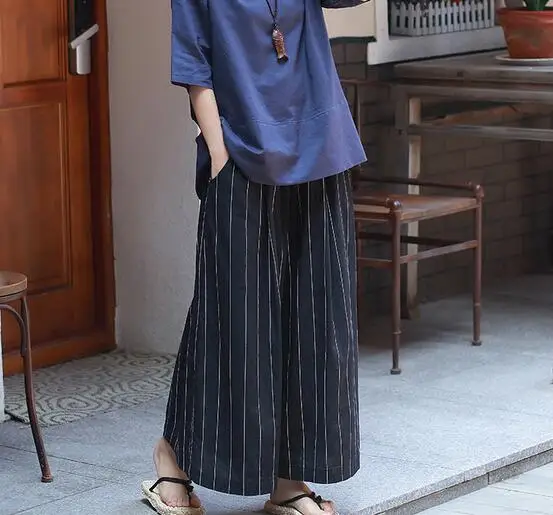 Coton La Jambe Bleu Lâche Pantalon Nouvelle Lin Mélange Rayé Plus Mode Femmes De Haute Ealstic Taille Printemps Sgy0804 Large Automne FrCFq