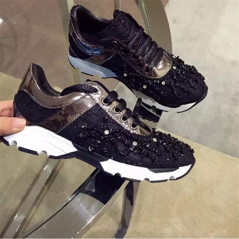 Punta Cordones Redonda 40 Zapatillas claro azul De Diseñador azul As Para Malla Zapatos 2018 Cielo Casual Cristal Lujo marrón Show Cuero Cómodos Mujer Cordón Con Snerkers negro CwZga8