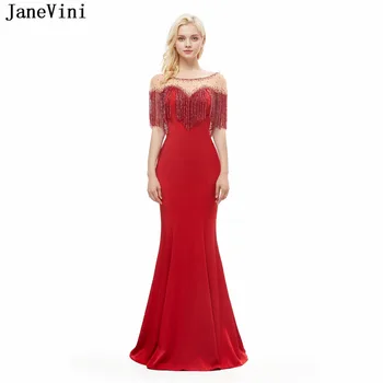 

JaneVini Charming Long Bridesmaid Dresses 2018 Sheer Scoop Neck Backless Luxury Beaded Mermaid Red Satin Prom Gowns Floor Length
