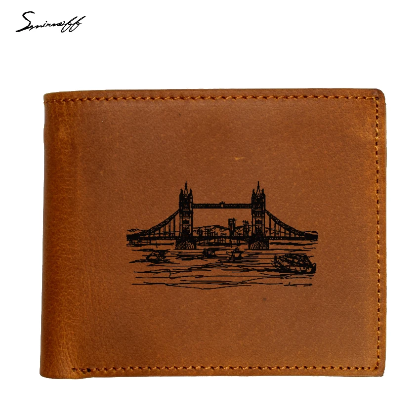 London Tower Bridge Genuine Leather Men Wallet Male luxury Laser