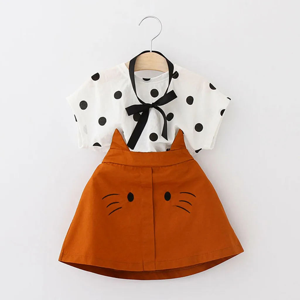 

Small Fresh Baby Girls Clothes Sets 2019 Summer Dot Print O-Neck T-shirt+Cat Embroidery Dress Children Clothing Set 2019
