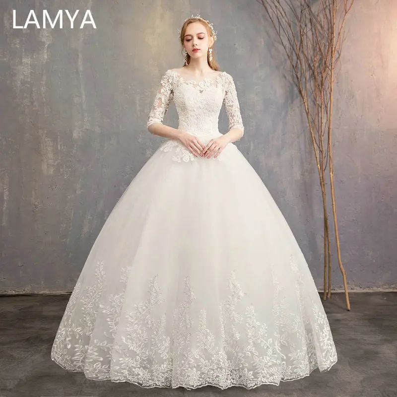 

LAMYA Luxury Lace Appliques Wedding Dresses Witn Half Sleeve Elegant Ball Gown Bridal Gowns Romantic Wed Dress Vestido de noiva