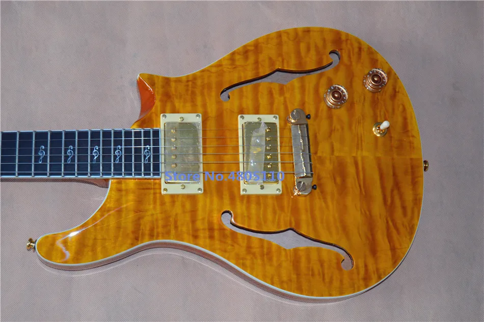 

Yellow water ripples f hole custom edition electric guitar notes inlays