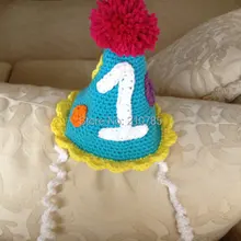 Крючком Детская шапка ручной работы милые День рождения шляпа крючком конус hat синий Красные/Желтый Фото Опора