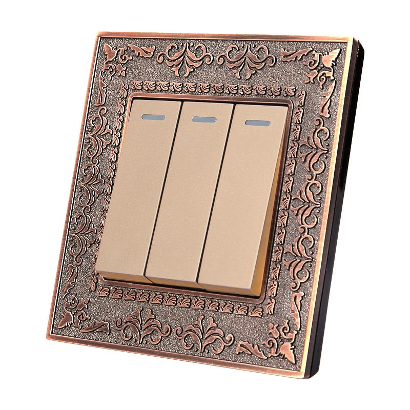 

Coswall 3 Gang 2 Way Wall Switch 4D Embossing Retro Zinc Alloy Panel Luxury On / Off Light Switch 16A AC 110~250V