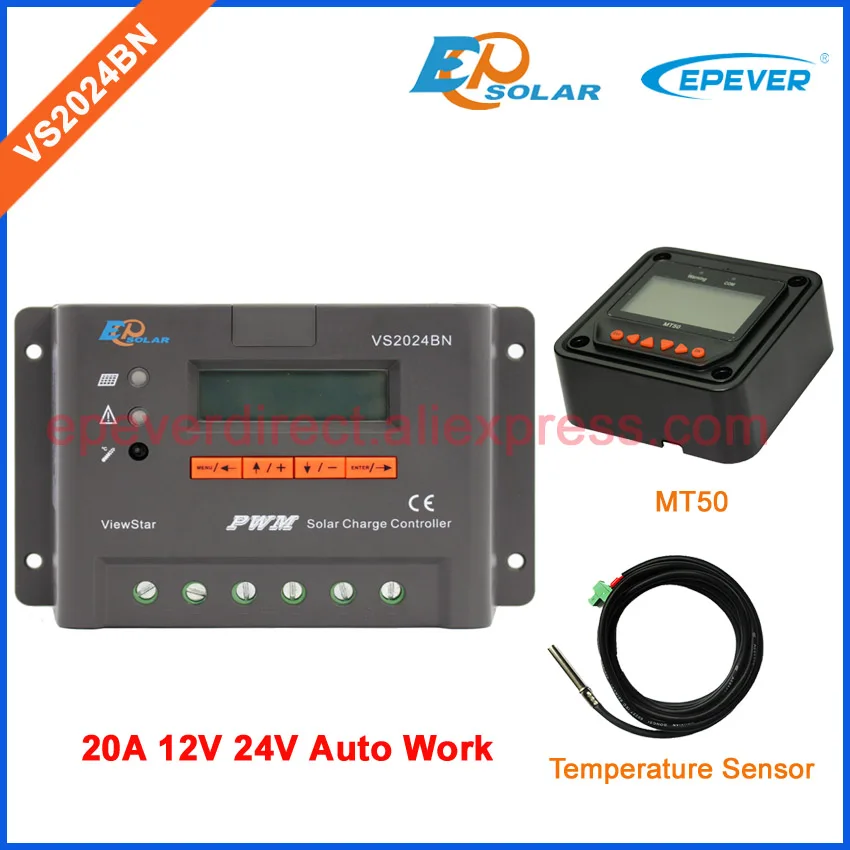 

20A 12V 24V Auto type solar battery charger controller VS2024BN with temperature sensor and remote meter MT50