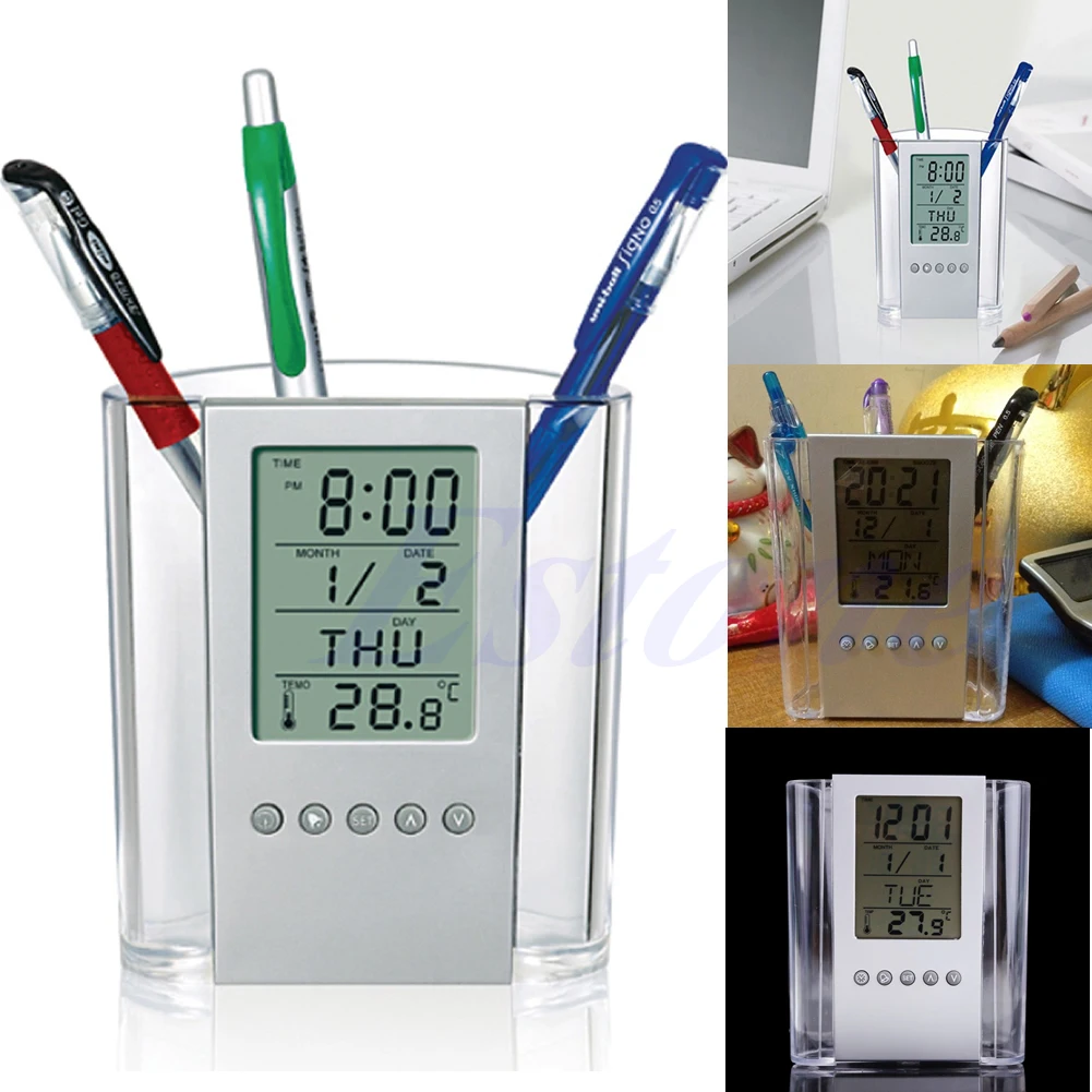 

Pen Holder LCD Digital Alarm Clock Desk Pencil Pen Holder Organizer Thermometer Calendar mar20