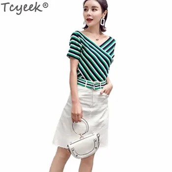 

Tcyeek 2019 Women Summer Fashion Suit Sweet Two Piece Set Srtiped V Neck Sexy Top and Skirts Female Elegant Costumes Sets LWL438
