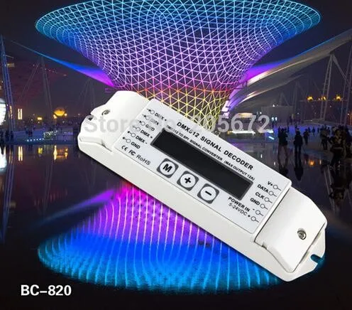 BC-820; dmx-spi конвертер; dmx512 входного сигнала; выходной сигнал (по выбору) поддерживает 6803/8806/2811/2801/3001/1903/9813/WS2812B