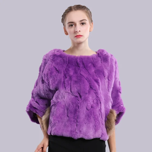 Леди стиль осень зима Настоящий мех кролика пончо шарф женский теплый мягкий настоящий мех кролика пашмины шаль - Цвет: purple