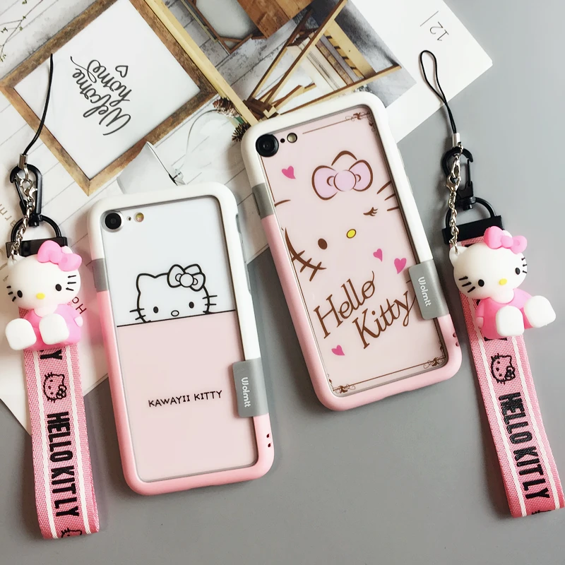 For iPhone 8 Plus shockproof bumper back front hello kitty Tempered Glass Screen film for iPhone