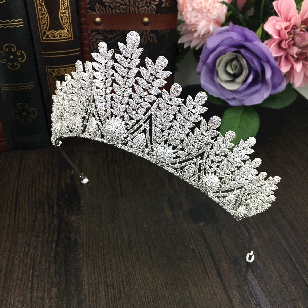 Wheat Full Cubic Zircon Tiara Large Zirconia Crown CZ Diadema Bridal Coroa Wedding Hair