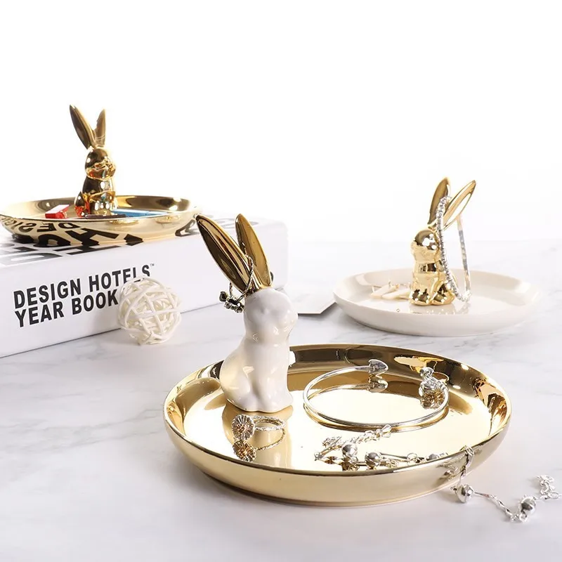 

Cocostyles InsFashion super luxury round rabbit ceramic jewelry dish for girl friend and wedding party take away gift sets
