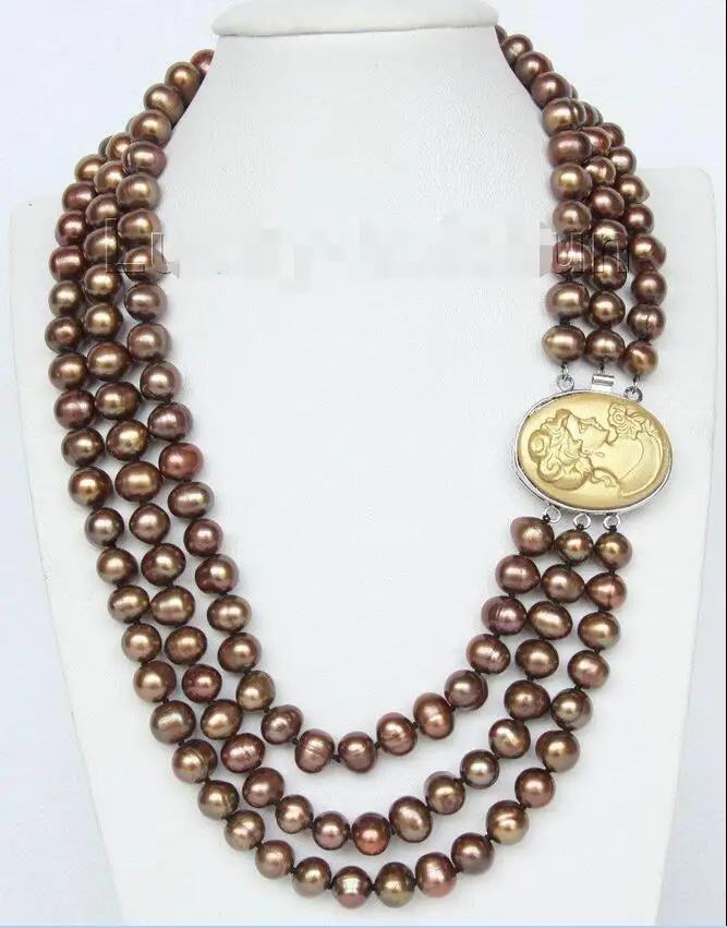 

FREE SHIPPING HOT sell new Style >>>>>16" 3 row 9mm coffee FW pearls necklace cameo seashell clasp j9369