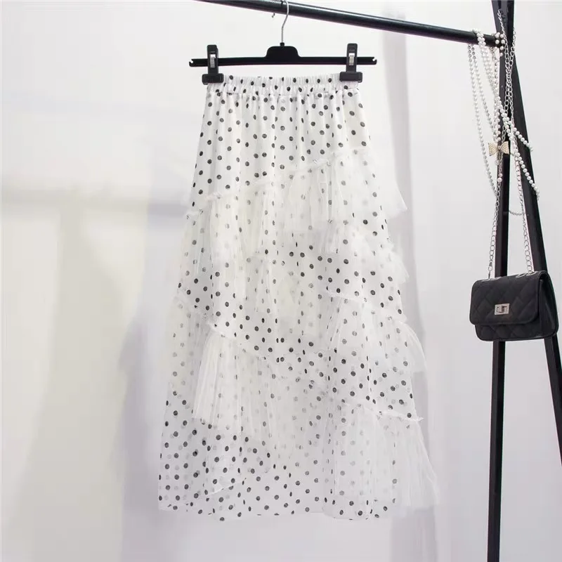 Женская шифоновая юбка в горох Marwin, белая юбка с кружевом, в стиле пэчворк, А-силуэта, до середины икры, лето