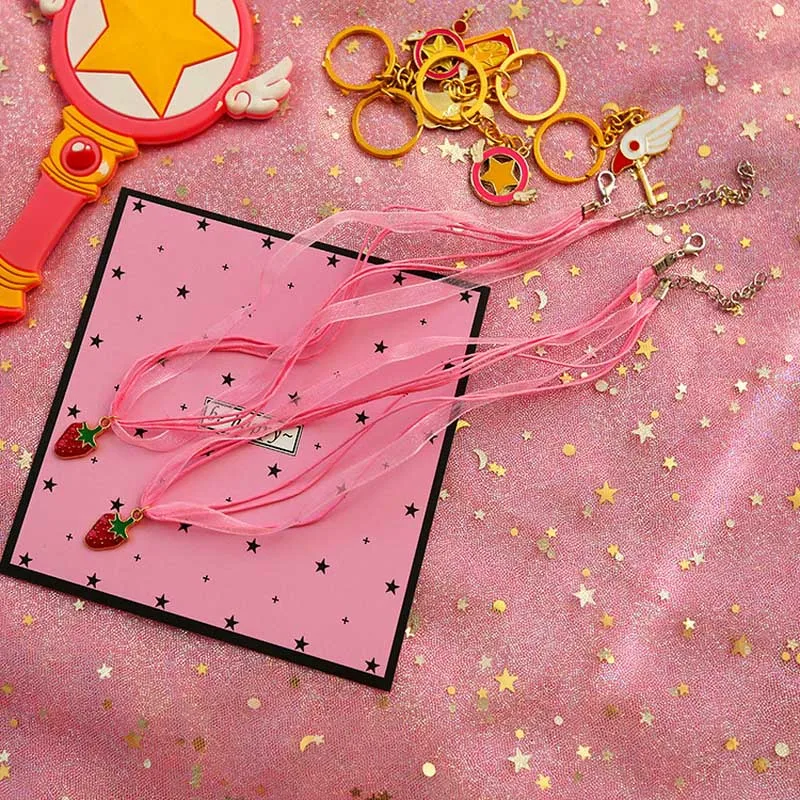 10 шт./компл. карта аниме Captor Sakura Звездная волшебная палочка колье Цепочки и ожерелья клубника Лунная ракушка Розовая Лента металлическая Глянцевая очаровательные модные Pendan