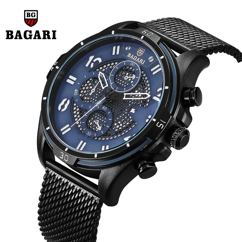 

BAGARI Men Watch Waterproof Quartz Military Sport Wristwatch Steel Band Mens Watches Top Brand Luxury Leather Relogio Masculino