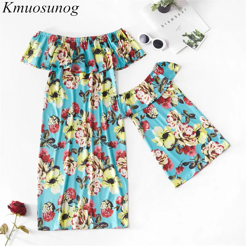 

Mommy and me Clothes Summer Print Off Shoulder Mini Dress Mom and Daughter Dress 2019 New Family Matching Outfits C0444