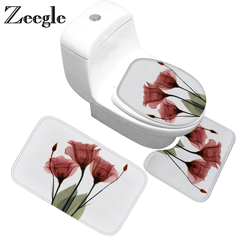 

Zeegle 3pcs Bath Mat Set Flower Printed Bathroom Carpet Toilet Mat Absorbent Bathroom Floor Mat Bath Rugs Non-slip Bath Carpet