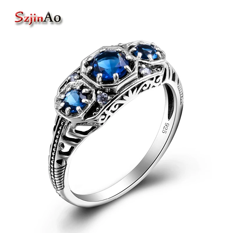 

Szjinao sterling-silver-jewelry Bulgaria Fancy Rings For Women Party Gift 925 Sterling Silver Sapphrie Vintage Jewelry