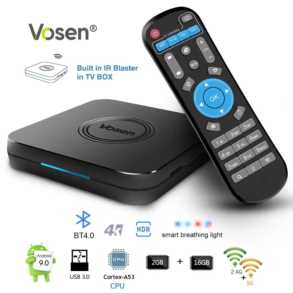

Vosen V1 2GB DDR4 16GB ROM Smart TV Box Android 9.0 pie 2.4G/5G WiFi USB 3.0 4K60fps Phone Control Android Set Top Box IR TV Box