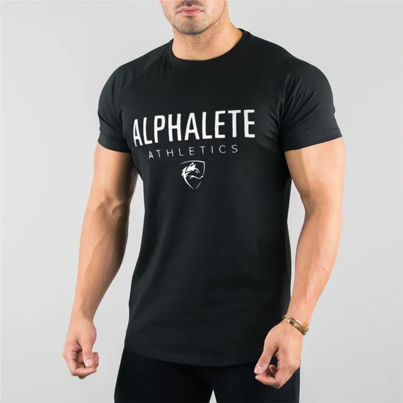 ALPHALETE тренажерные залы Летняя мода Мужская футболка Повседневная активная футболка с коротким рукавом мужская одежда тренд Повседневный облегающий Фитнес-топ - Цвет: 01 BLACK