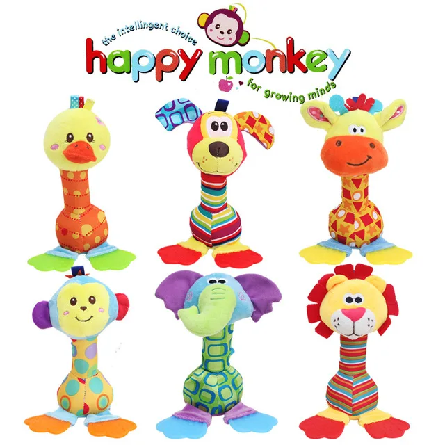 

Hot Happy Monkey 22cm Wholesale rattles Baby plush toy soft hand bell with teether Animal model infant 0-12 months brinquedos