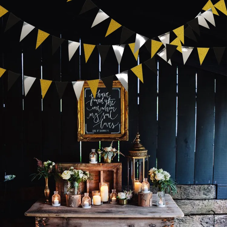 

26 Flags 3m Gold silver party Birthday Bunting Banners Pennant Bachelor party Wedding Garland Flags Decoration Supplies