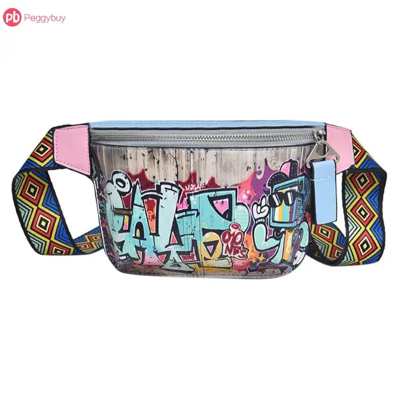Новая женская кожаная поясная сумка в стиле хип-хоп, 17x13 см, с граффити, на плечо, на грудь, на пояс, цветная поясная сумка, Heuptas Pochete - Цвет: Розовый