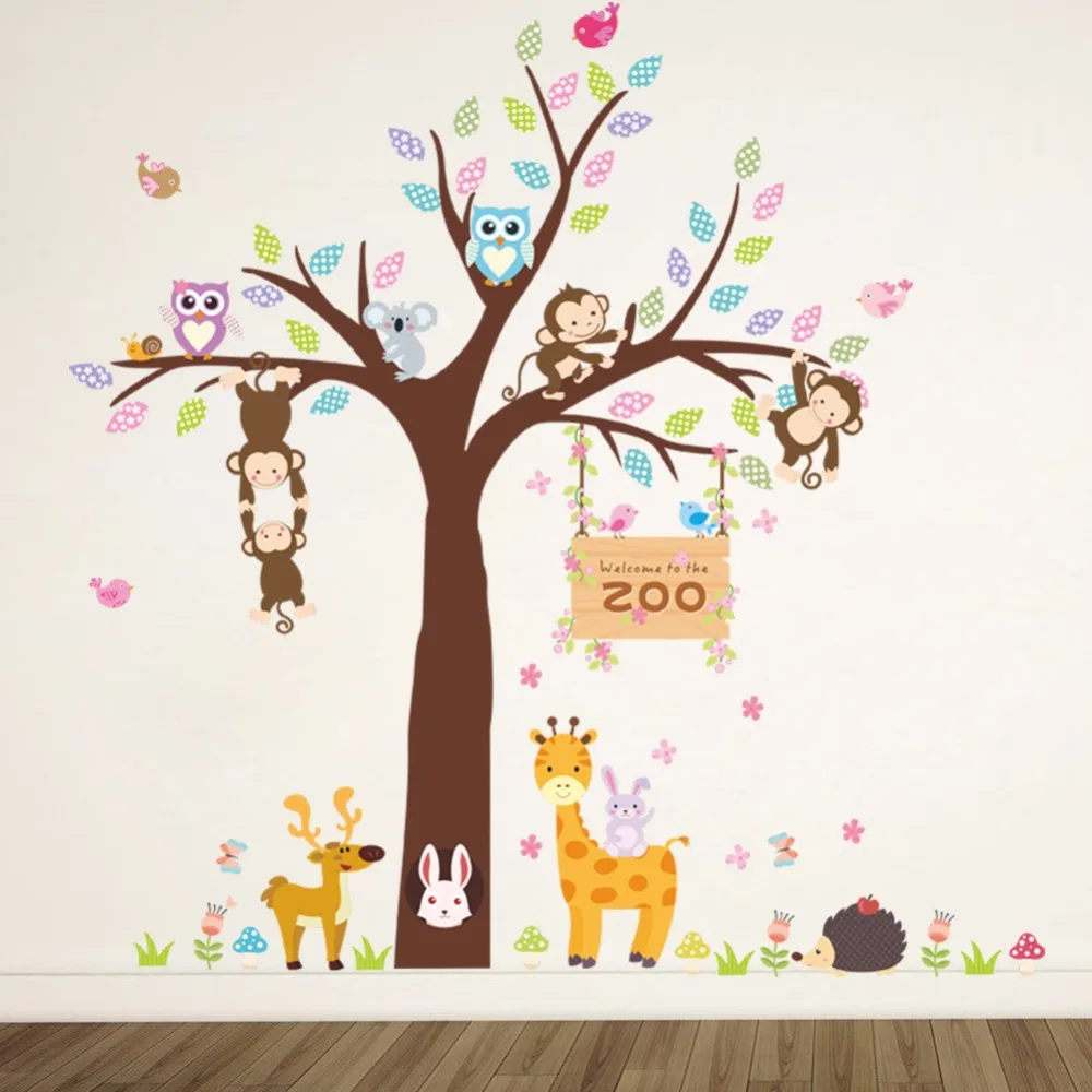 Лес Животные Жираф Обезьяна Сова Дерево наклейки на стену для детской комнаты Детская Наклейка на стену детская спальня декор плакат на стену