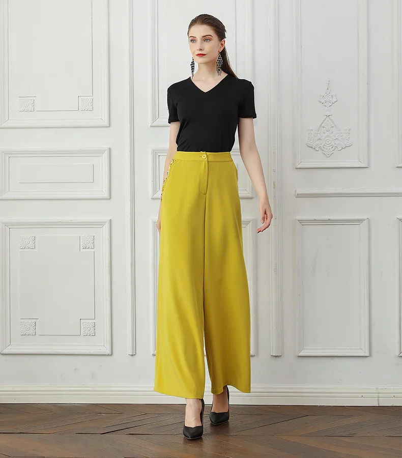 VOA Женская мода Высокая талия широкие брюки желтый корейский Palazzo повседневные женские брюки свободные Роскошные тяжелый шелк брюки для