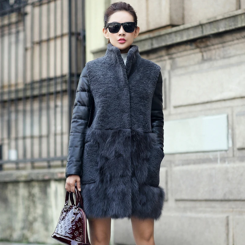 Женская зимняя шуба из натуральной овечьей шерсти натурального Лисьего меха