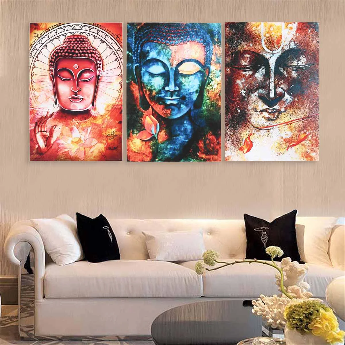 

Framed 3Pcs/Set Buddha Statue Modern Canvas Print Painting Poster Living Room Murals Background Wall Decoration Crafts Gifts