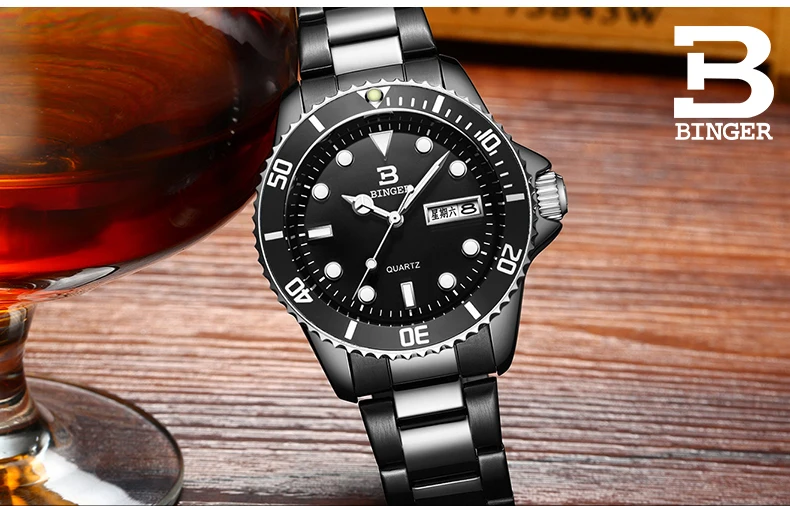 Оригинальные Роскошные Брендовые мужские часы Бингер, полностью стальные, с двойным календарем, водонепроницаемые, светящиеся кварцевые мужские модные часы