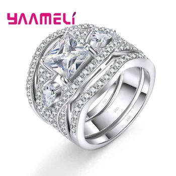 

Sumptuous 925 Sterling Silver Square Design Cubic Zirconia 3 Finger Rings For Women Ladies Crystal Jewelry Wholesale
