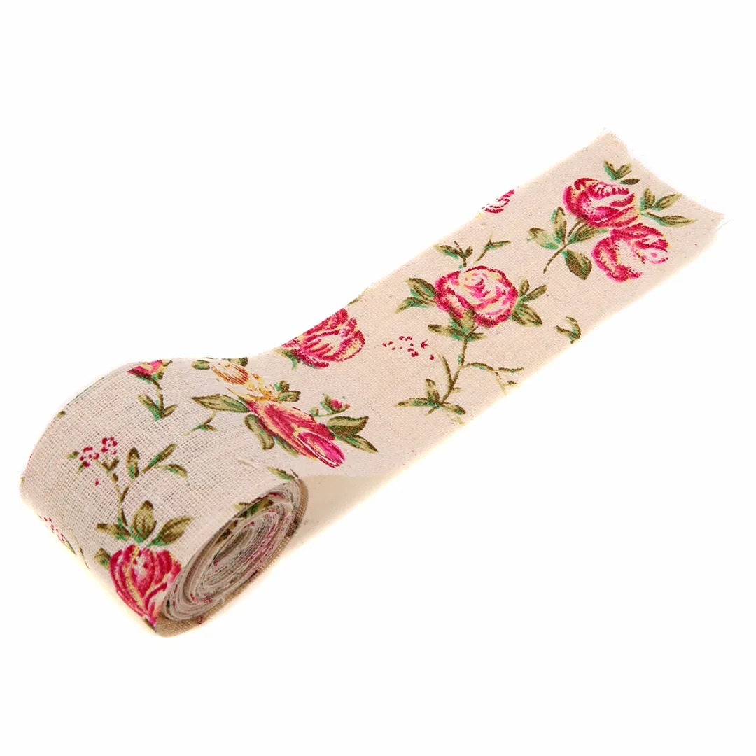 3M Vintage Rose Floral Print Burlap Stylish Hessian Ribbon Fabric DIY Wedding Craft Decors Handmade Materials