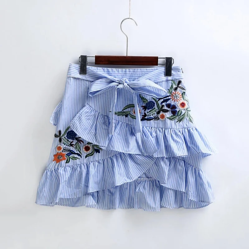 Image Women Vintage Ruffles Decoration Embroidery Striped Skirt Sexy Slim Short Pencil Skirts Bow Tied Mini Skirt