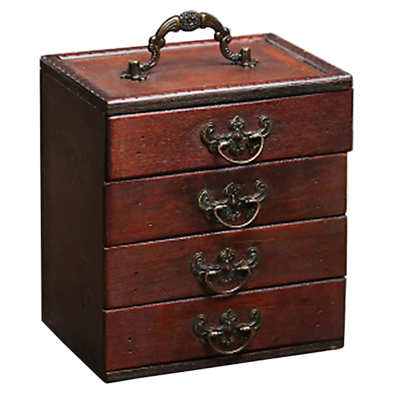 Антикварная коробка для хранения ювелирных изделий, органайзер для ожерелья, браслета, сережек, 4 ящика, коробка для хранения косметики, женская коробка для туалетных принадлежностей