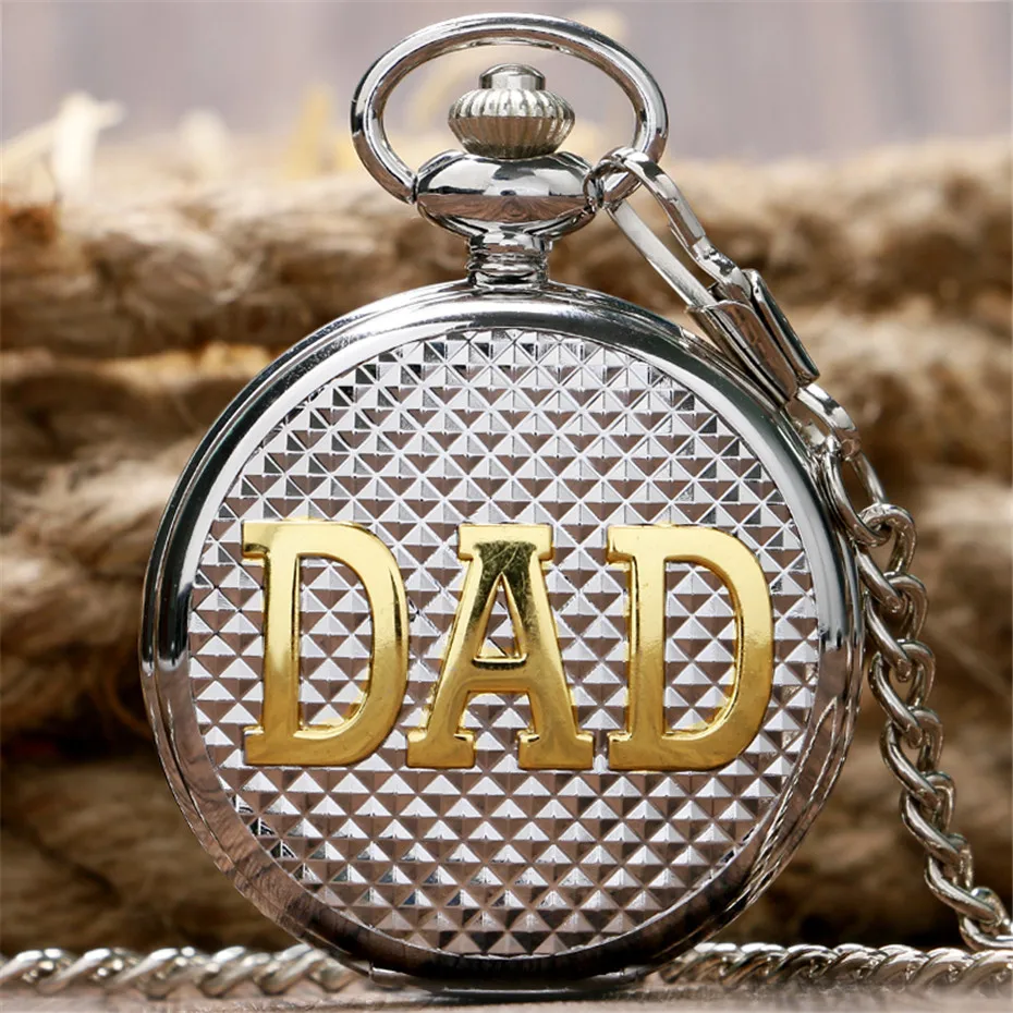 Silver Exquisite Plaid Golden DAD Carving Watches Mens Quartz Pocket Watch Pendant Thick Chain Father's Day Gifts (6)