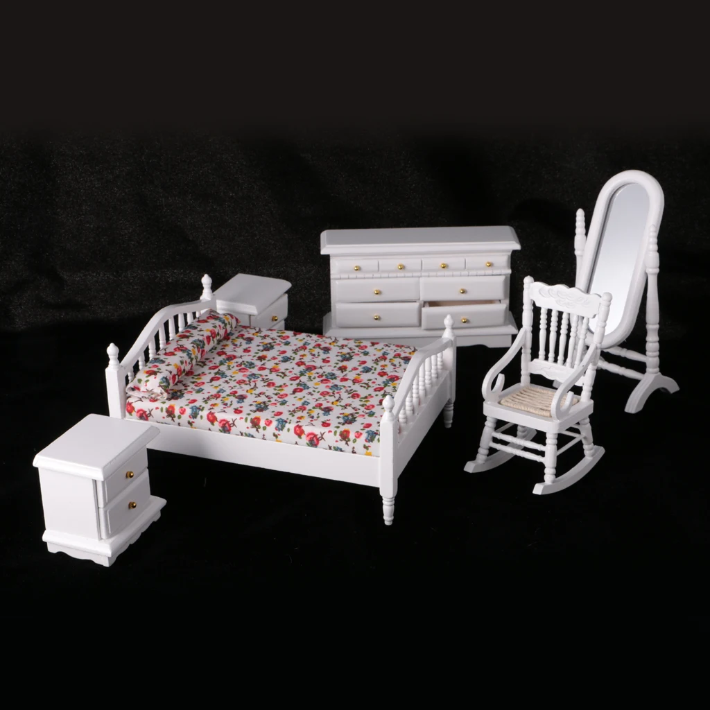6Pieces 1:12 Scale Dollhouse Miniature Furniture Set White Wooden European Retro Bedroom Accessories Kids Pretend Play Toys