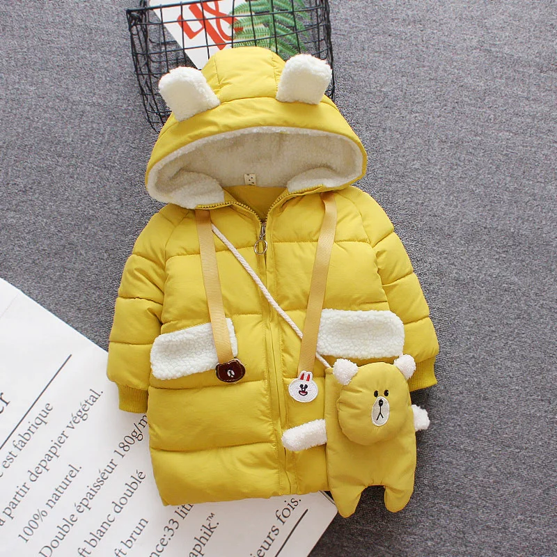 

2019 Fashion Girls Coat Autumn Winter Coats Girl Long Sleeve New Cotton Padded Jacket for Girls Pink Yellow 1-4 Years with Bag