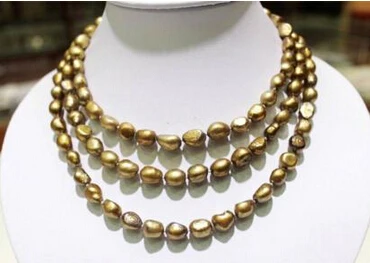 

huij 004847 long freshwater pearl necklace Green-Brown Baroque 9x11mm 48"no metal "handmade