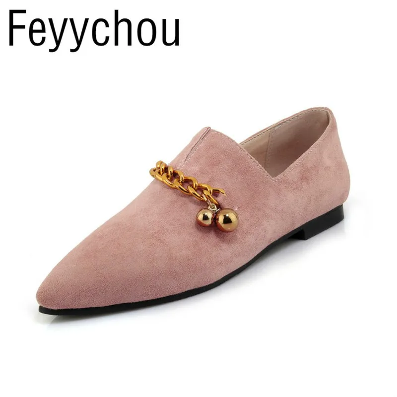 

Women's Flats Loafers Shoes Spring Autumn Flock Pointed Toe 2018 Sexy New Fashion Chain Casual Office Wedding Black Yellow Pink