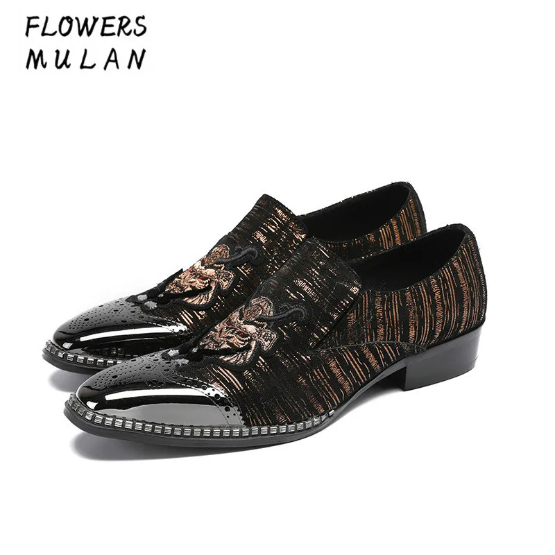

Retro Mixed Color Genuine Leather Men Dress Shoes Silver Metal Toe Gentleman Party Wedding Shoes Embroidery Slip On Footwear