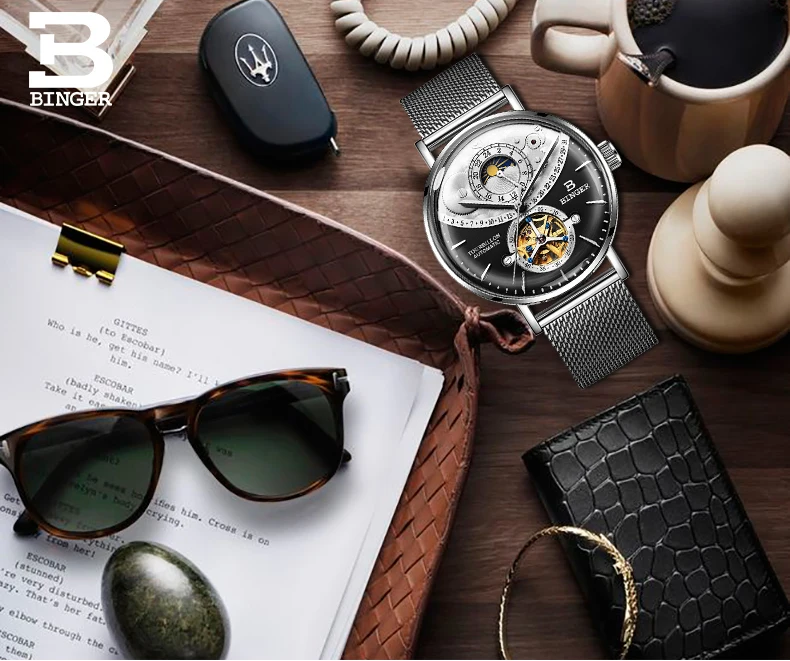 Модные крутые мужские часы с 3D изогнутым стеклом с турбийоном механические часы с автоматическим заводом Flying Wheels полностью стальные миланские наручные часы