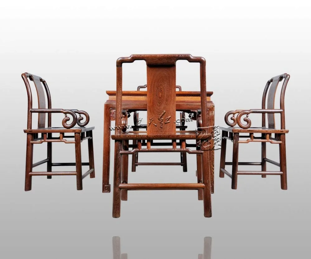 Dining Living Room Furniture Set 1 Table & 4 Chair Rosewood China Carven Crafts Annatto Solid Wood Square Desk Mahogany Armchair