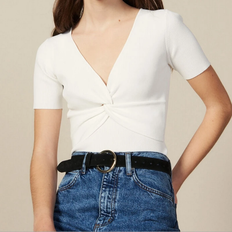 

Summer New Women T-shirt V-neck pleated Tee slim knit short-sleeved ladies T shirt Femme 2019